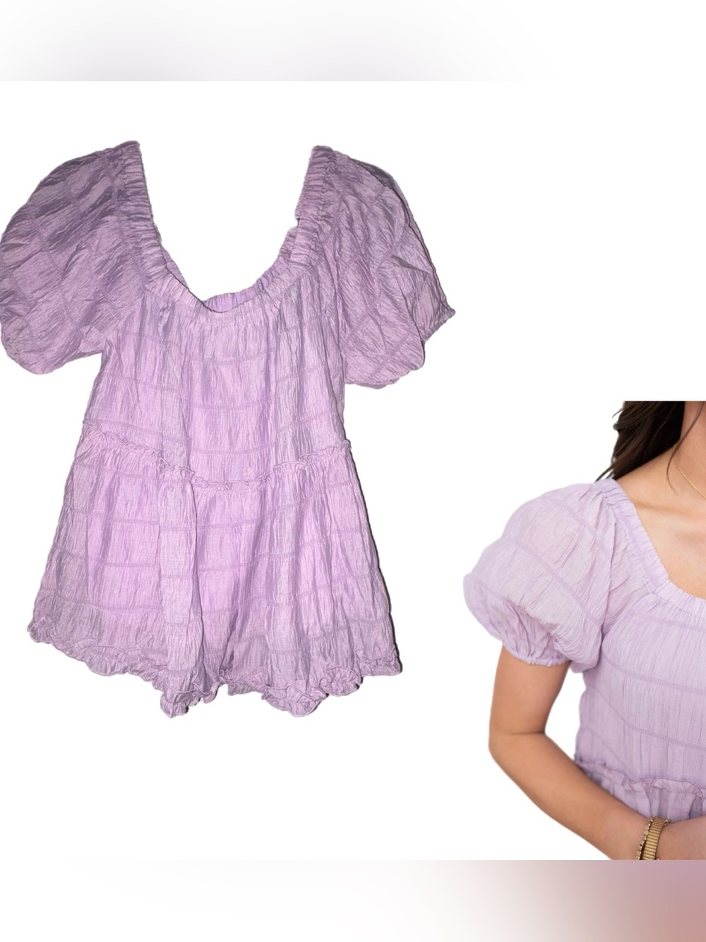 Umgee Lilac Smocked Babydoll Top
- Puff Sleeve Ruffle Tiered